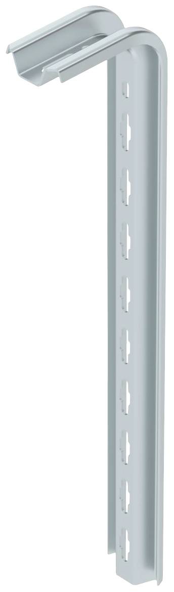 Metallschiene mit Haken, vertikal montiert, mit regelmäßig verteilten rechteckigen Löchern, vermutlich für Regal- oder Bauzwecke.