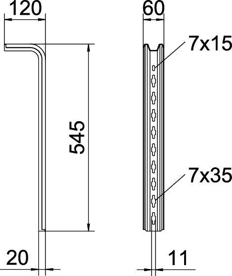 Technische Zeichnung eines Metallprofils mit Maßen: 120x545mm vertikal, 60mm horizontal. Löcher von 7x15mm und 7x35mm.