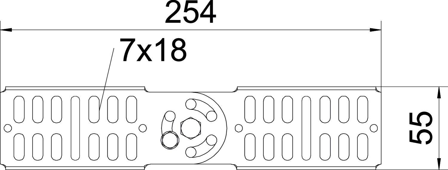 Diagramm zeigt eine Platte mit Maßen: 254 x 55. Bohrungen: 7x18. Zentraler Teil hat zusätzliche kleine Löcher.