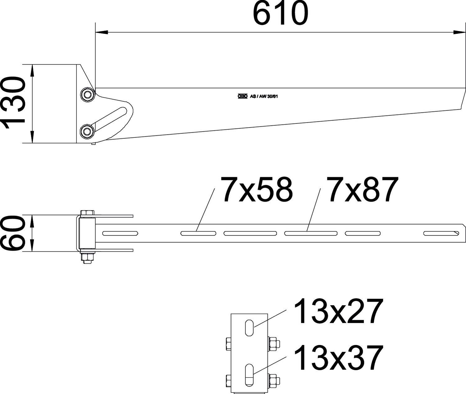 Technische Zeichnung eines Wandhalters mit Maßen: Länge 610 mm, Höhe 130 mm, Befestigungslöcher 7x58 mm, 7x87 mm.