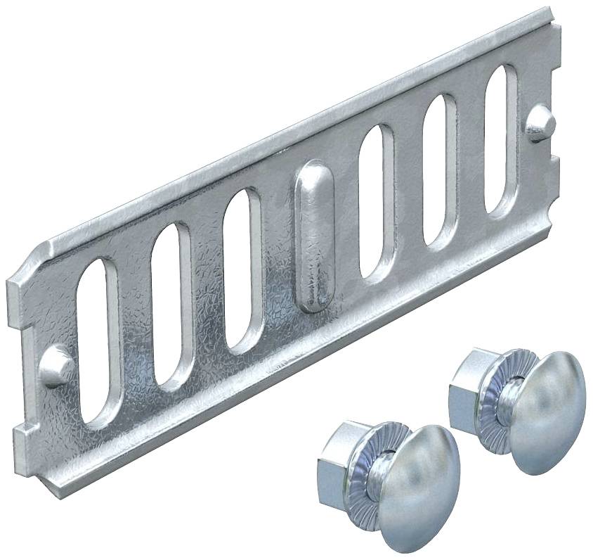 Metall-Halteclip mit rechteckiger Basis und fünf schmalen Öffnungen, daneben zwei runde Metallschrauben mit geriffelten Kappen.