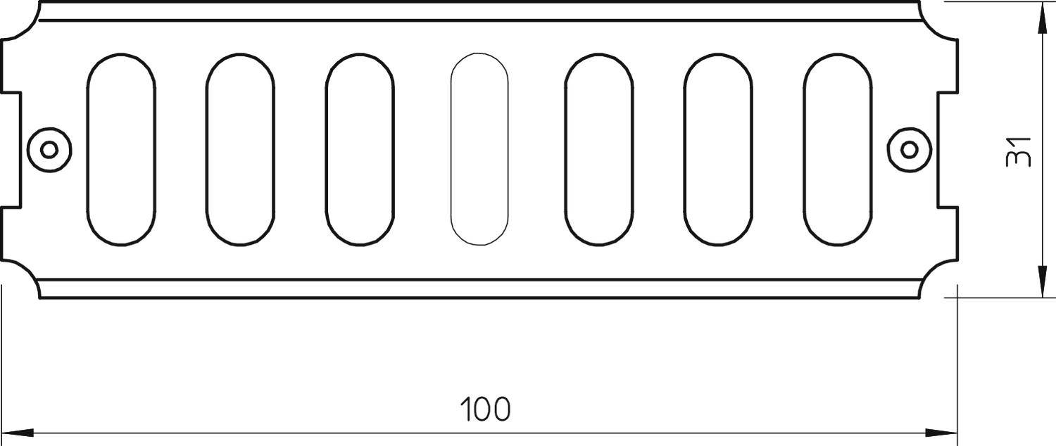 Technische Zeichnung eines rechteckigen Gitterteils mit fünf ovalen Öffnungen. Maße: 100 mm breit, 31 mm hoch.