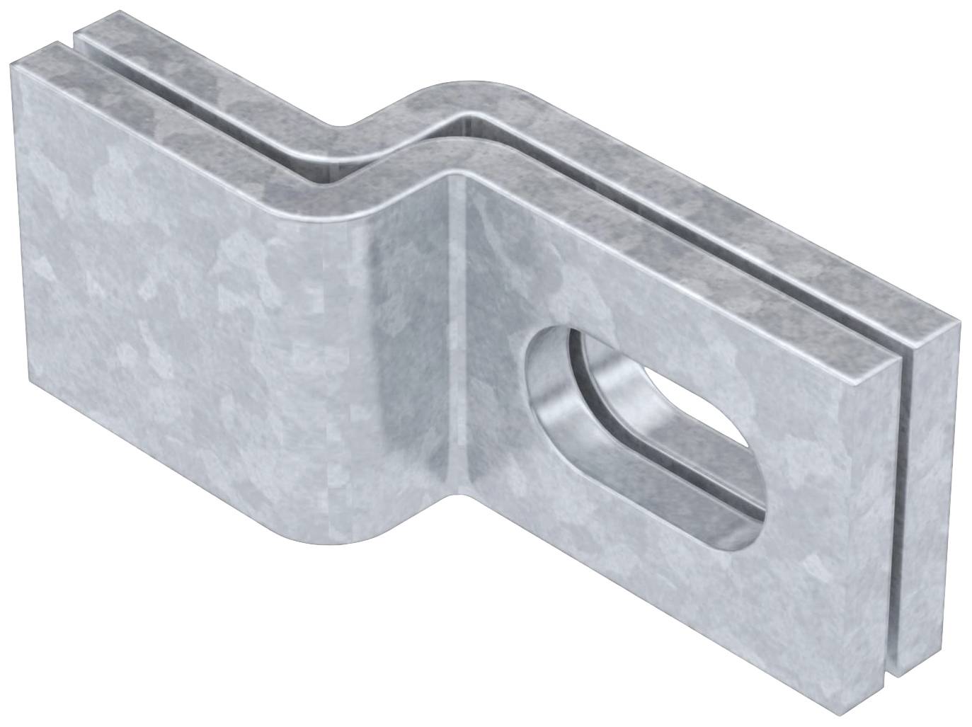 Metallisches Verbindungselement in S-Form mit einem rechteckigen Loch in der Mitte, wahrscheinlich für Montagezwecke geeignet.