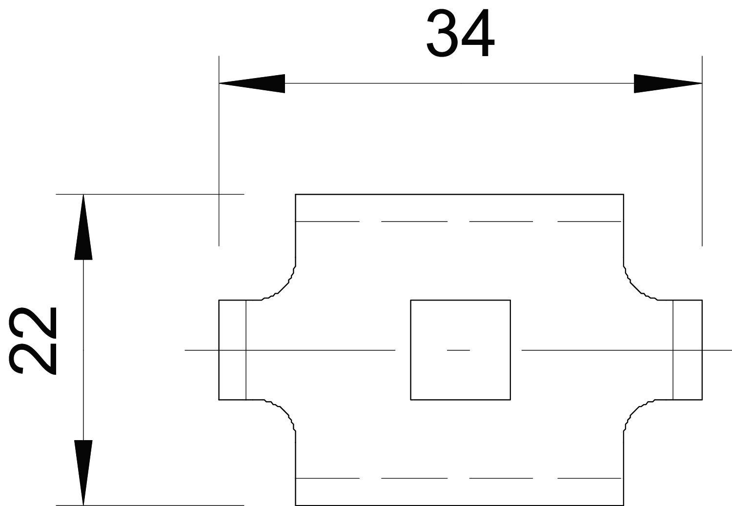 Technische Zeichnung eines Bauteils mit Maßen: Breite 34 mm, Höhe 22 mm. Rechteckiger Schnitt in der Mitte.