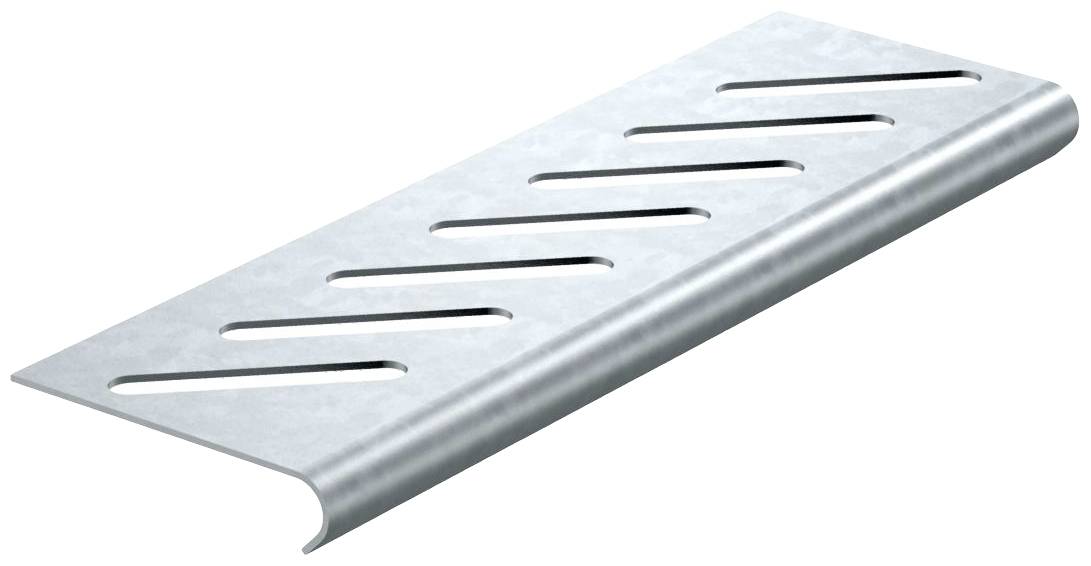 Ein längliches, silberfarbenes Metallstück mit mehreren ovalen Schlitzen, vermutlich ein Teil für eine technische oder Bauanwendung.