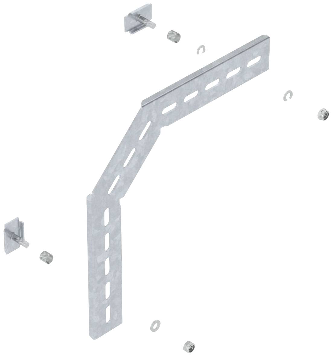 Metallhalterung mit schrägem Mittelteil, vier Befestigungselemente mit Bolzen, Abstandshalter und Unterlegscheiben zur Montage.