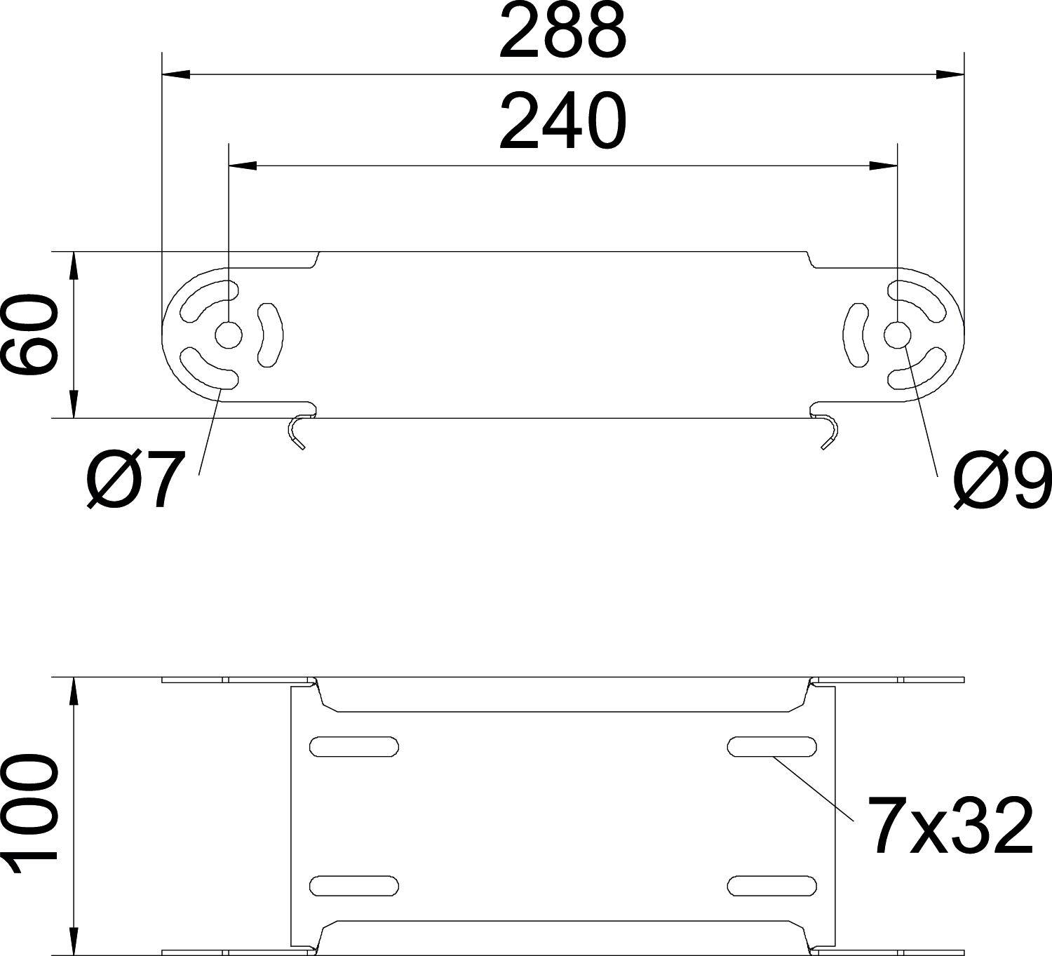 Technische Zeichnung eines Montageblechs mit Maßen: Länge 288 mm, Befestigungslöcher 7 mm und 9 mm Durchmesser, Breite 60 mm.