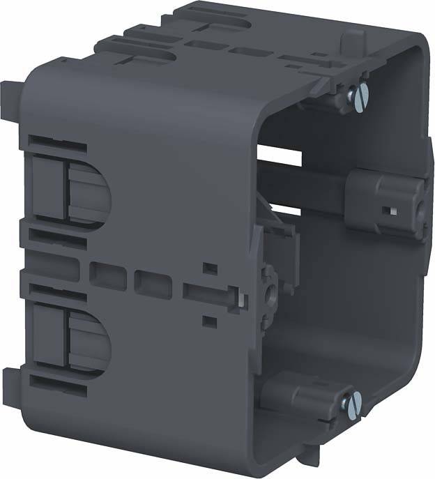 Ein graues Kunststoffbauteil mit seitlichen Schlitzen und Schrauben, geeignet zur Befestigung in elektrischen Installationen.