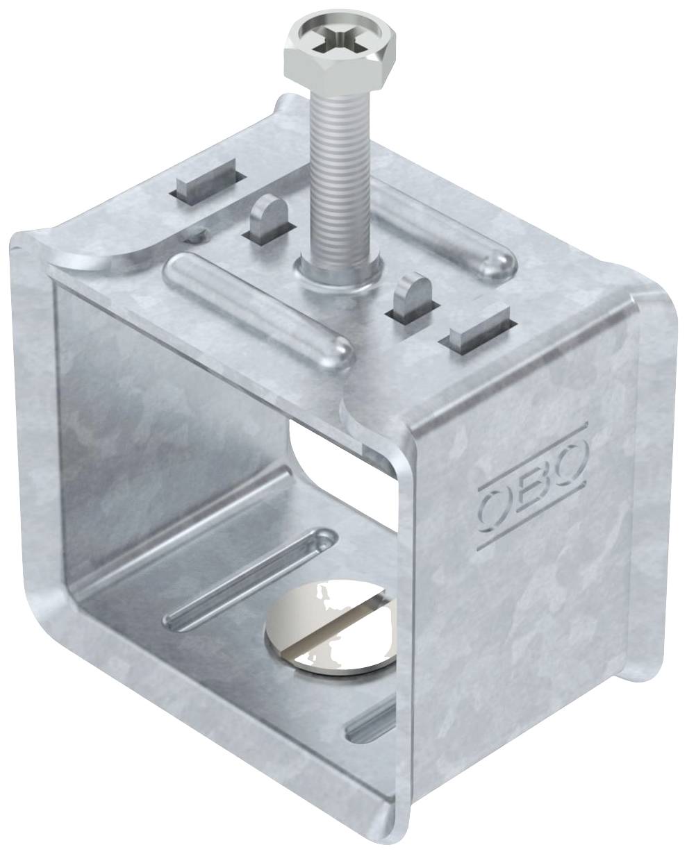 Metallklemme mit Schraube zur Befestigung von Kabeln an Konstruktionen. Die Marke 'OBO' ist auf der Seite eingeprägt.