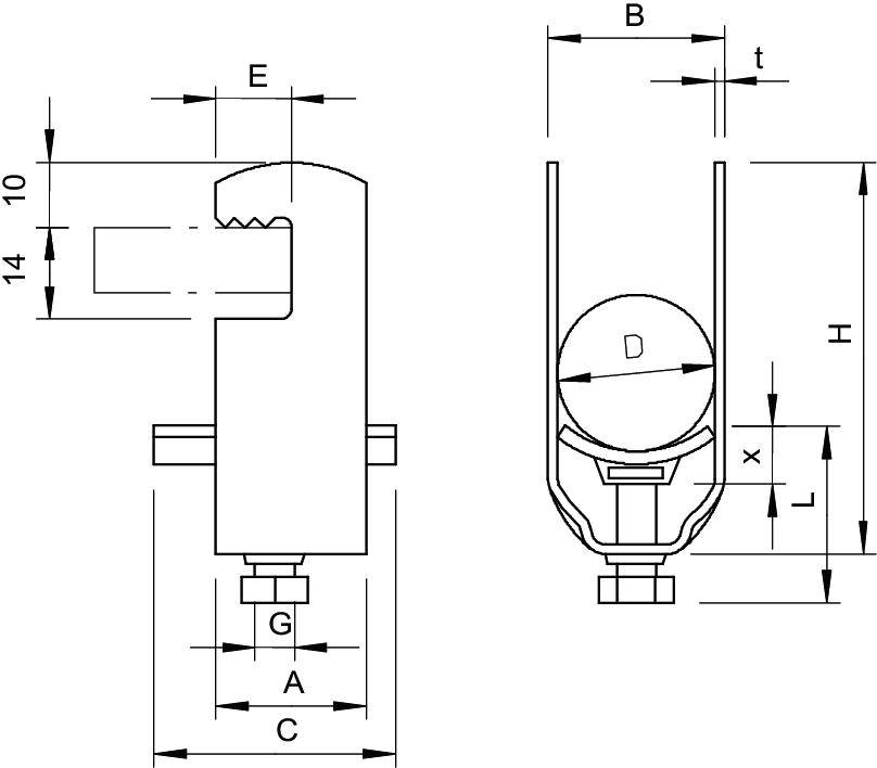 Technische Zeichnung eines U-förmigen Metallhalters mit Maßangaben. Zeigt Front- und Seitenansicht mit Bezeichnungen A, B, C, D, E, G, H, t, x.