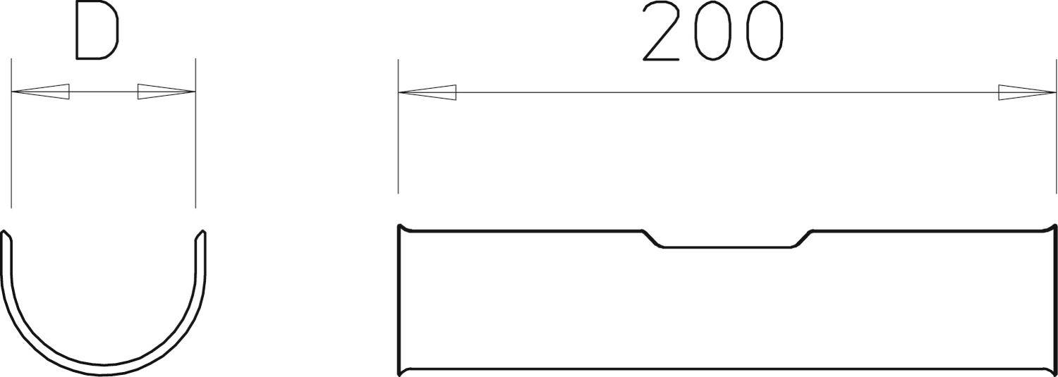 Technische Zeichnung eines U-förmigen Profilschnitts mit Innenbreite '200' mm und Materialdicke 'D'. Zeigt Maßlinien und Beschriftungen.