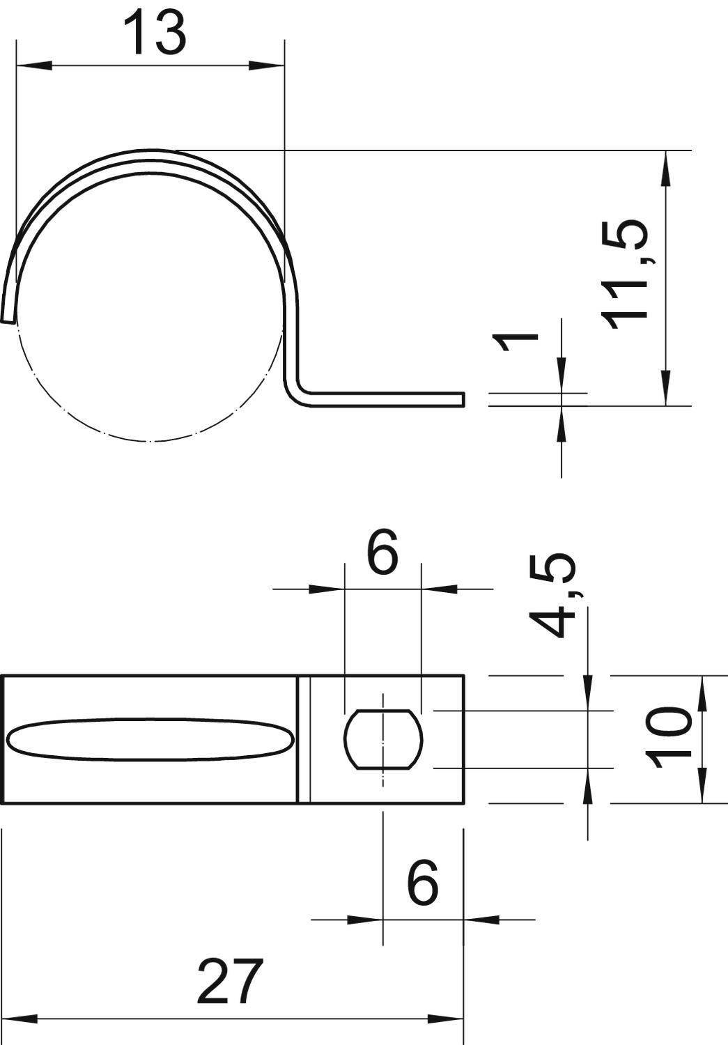 Technische Zeichnung eines Metallclips. Zeigt Maße: Höhe 11,5 mm, Breite 13 mm, Bohrloch mittig 4,5 mm von einem Ende; Gesamtlänge 27 mm.