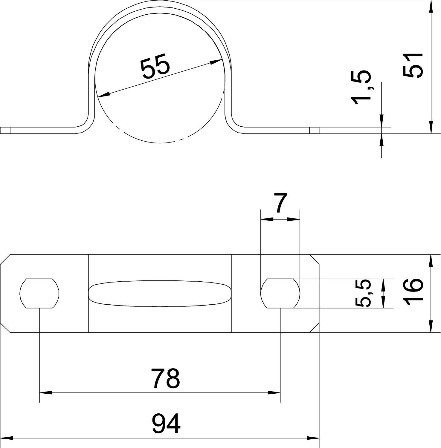 Technische Zeichnung einer Halterung mit Bemaßungen: Oben Durchmesser 55, Höhe 51; unten Breite 94, Lochabstand 78, Maße in mm.