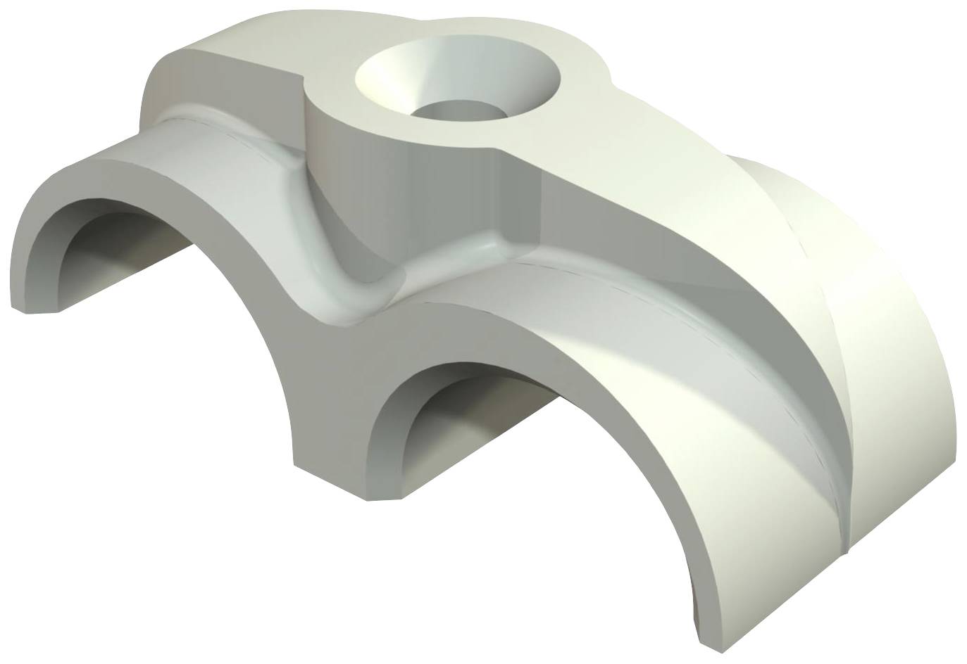 Ein gebogenes, metallisches Bauteil mit einer zentralen Aussparung und mehreren gewölbten Oberflächen. Verwendet in mechanischen Konstruktionen.