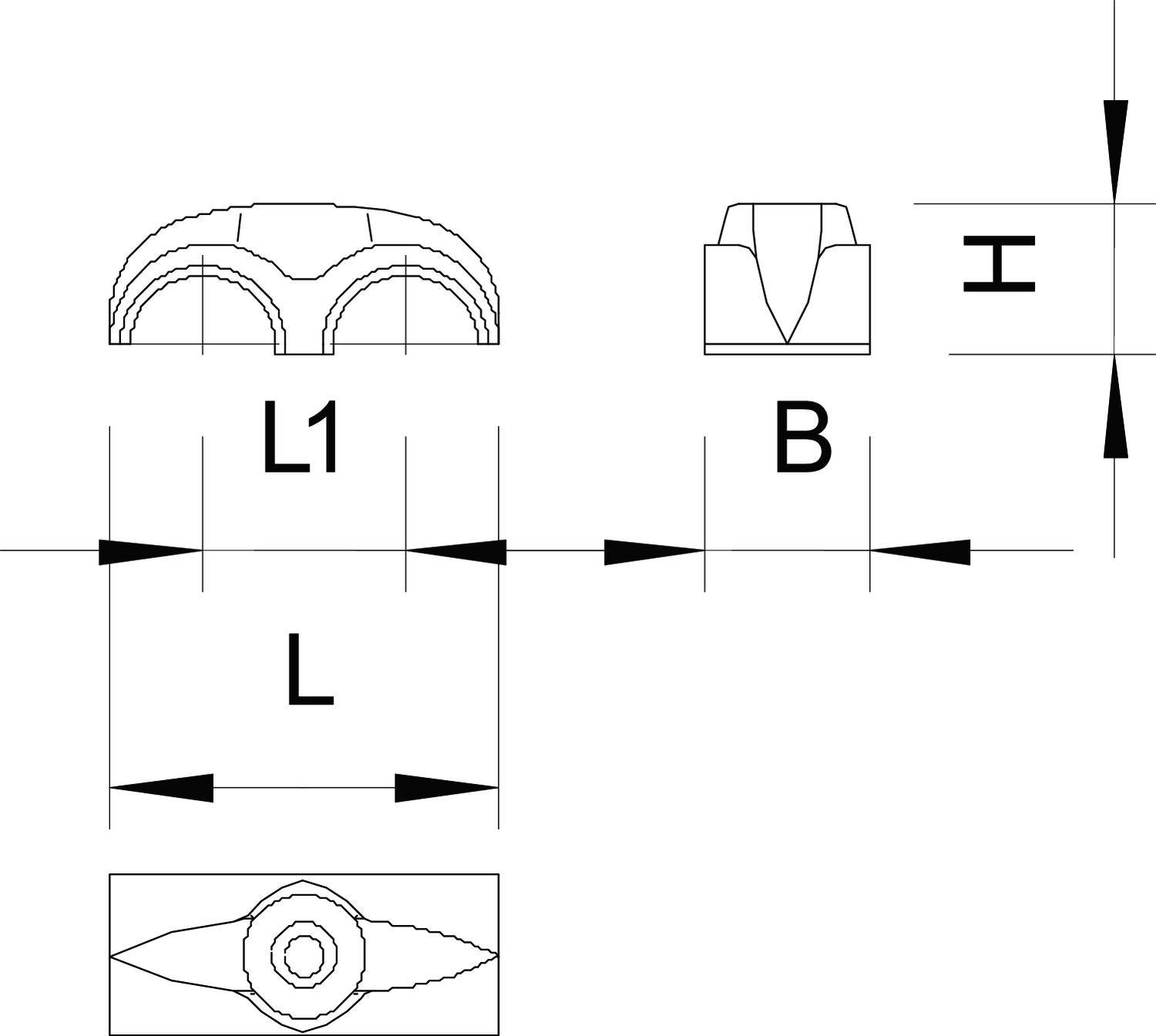 Technische Zeichnung eines Bauteils mit Maßen: Länge L, Breite B, Höhe H und zusätzlicher Länge L1. Ansicht von oben und von der Seite.