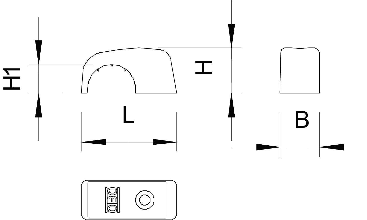 Technische Zeichnung eines Zahnrades mit markierter Breite (B), Länge (L) und Höhe (H), zeigt Dimensionen und Ansichten.