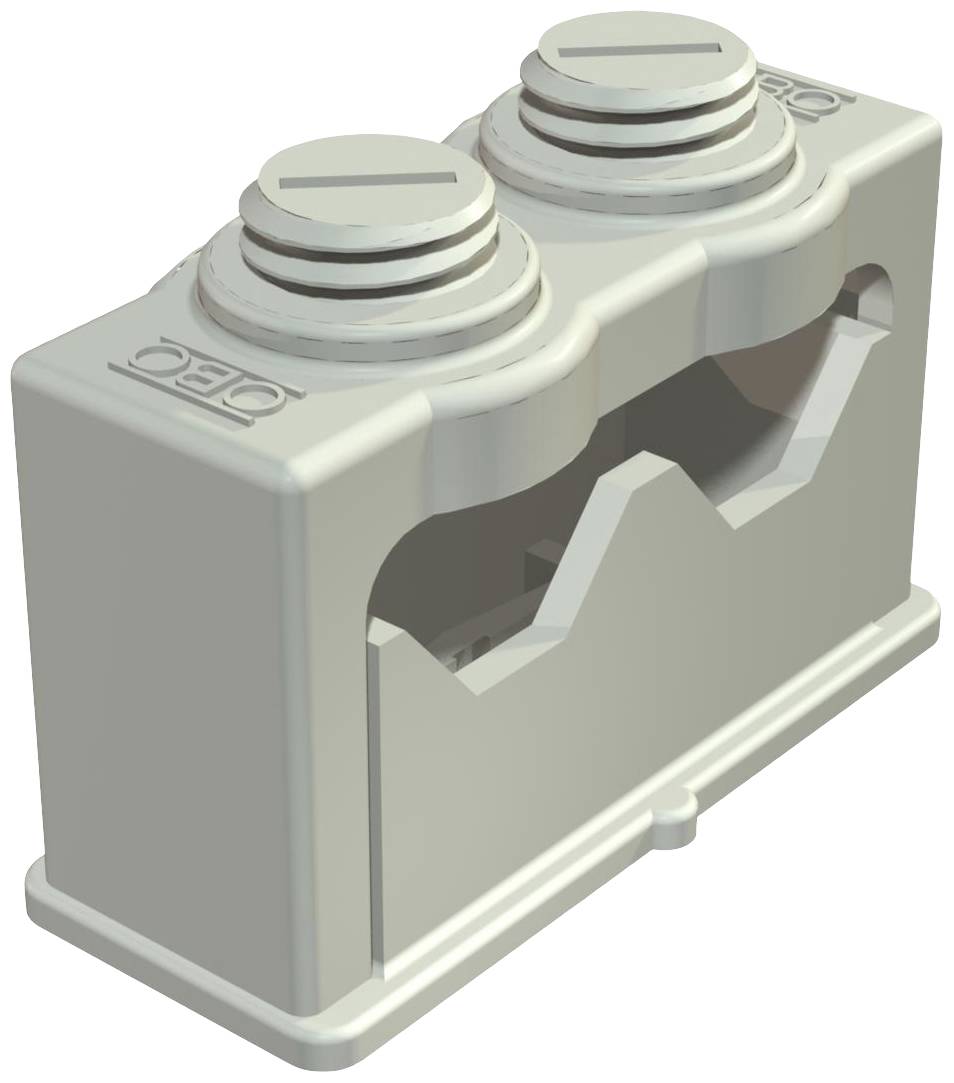 Ein grauer LEGO-Technikstein mit zwei Noppen oben und Aussparungen an den Seiten, geeignet für Baukonstruktionen.