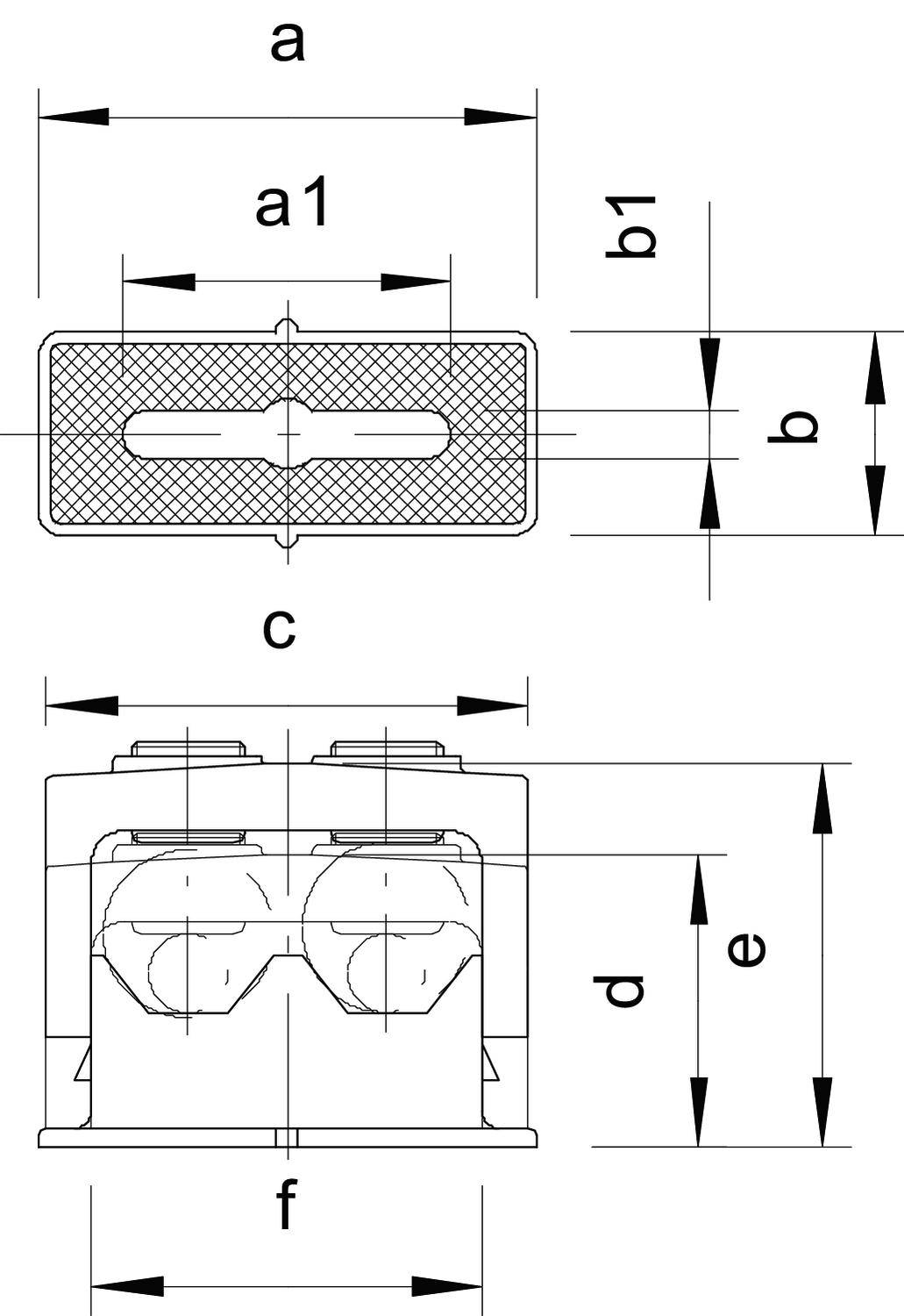 Technische Zeichnung eines elektrischen Steckverbinders. Zeigt Maße a, b, c, d, e, f und a1 sowie die Front- und Seitenansicht.
