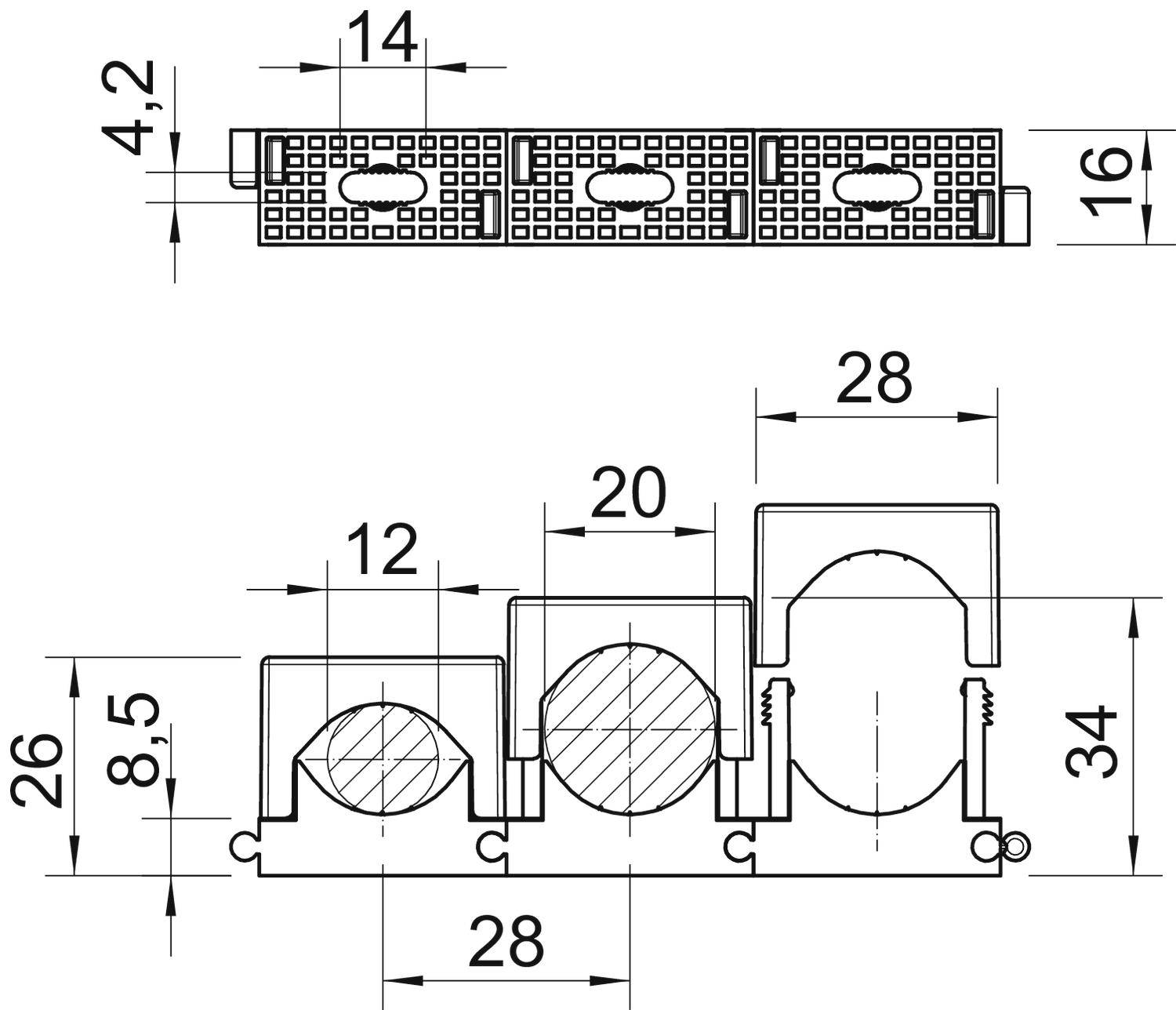 Technische Zeichnung eines dreiteiligen Profils mit Maßen: Breite 28 mm, Höhe 34 mm, mit weiteren markierten Maßen und Formdetails.