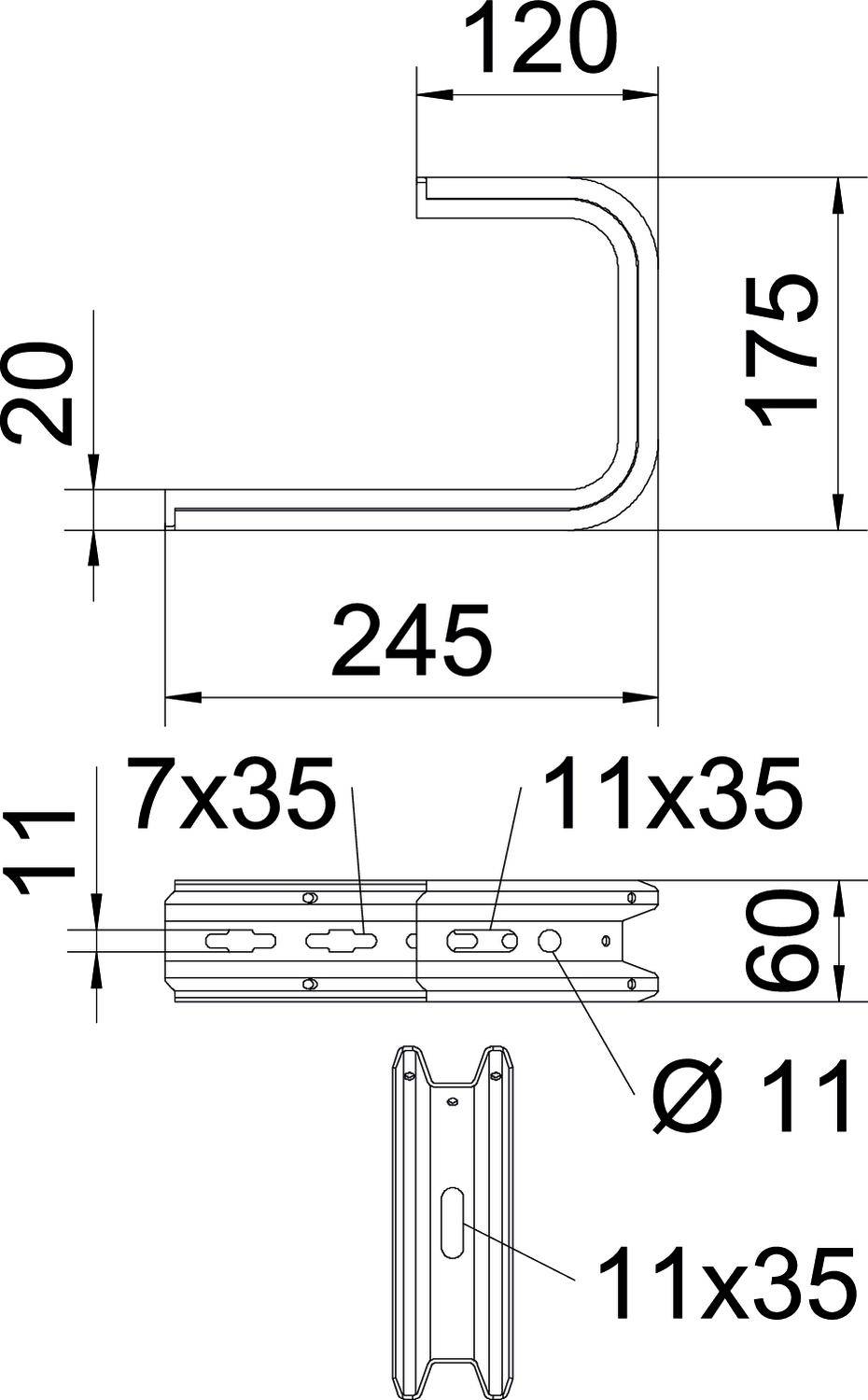 Technische Zeichnung eines L-förmigen Metallprofils. Maße: 120x175mm oben, 245mm Gesamtlänge. Seitenansicht mit Bohrungs- und Schnittdetails.