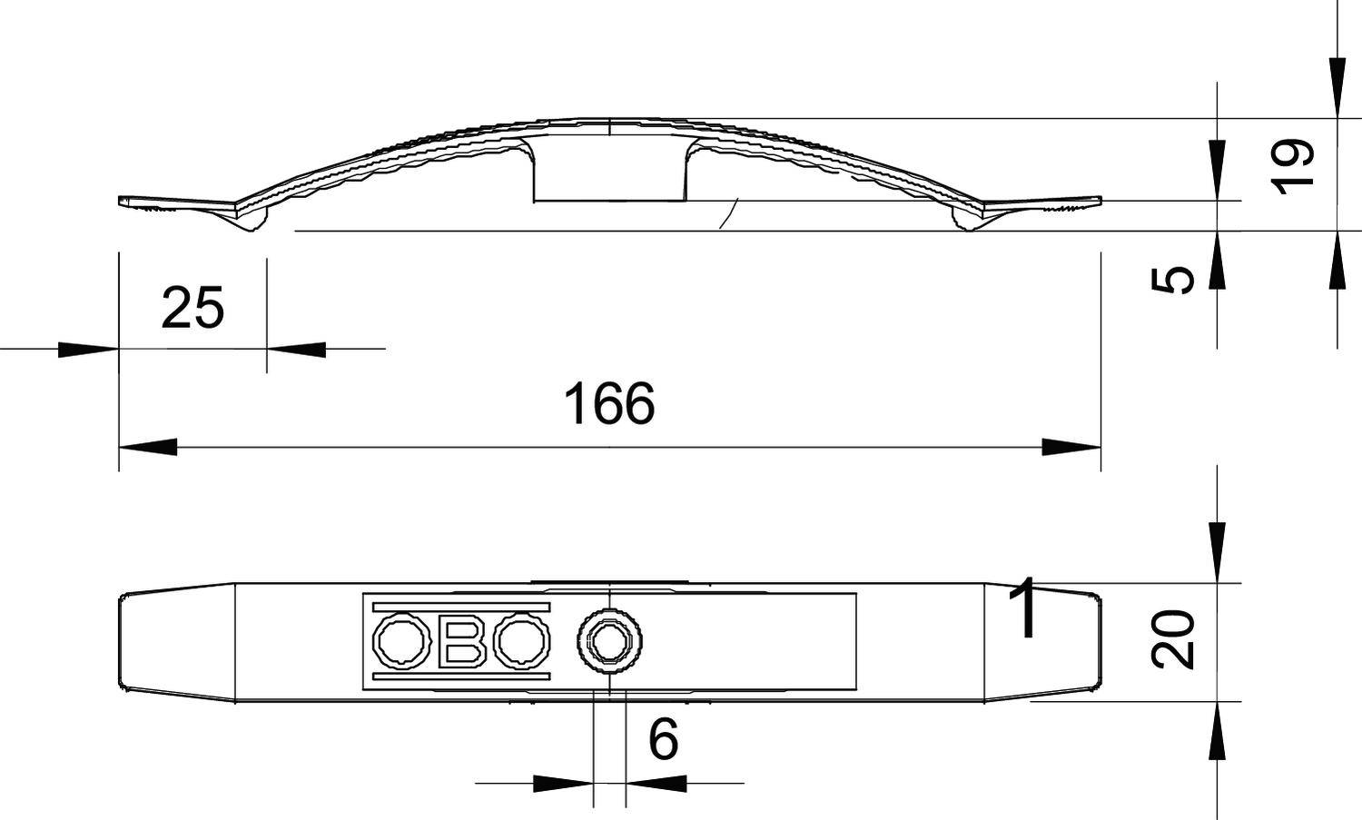 Technische Zeichnung einer Kabelschelle mit Maßen: Länge 166 mm, Breite 25 mm, Höhe 19 mm. Seitenansicht und Draufsicht abgebildet.