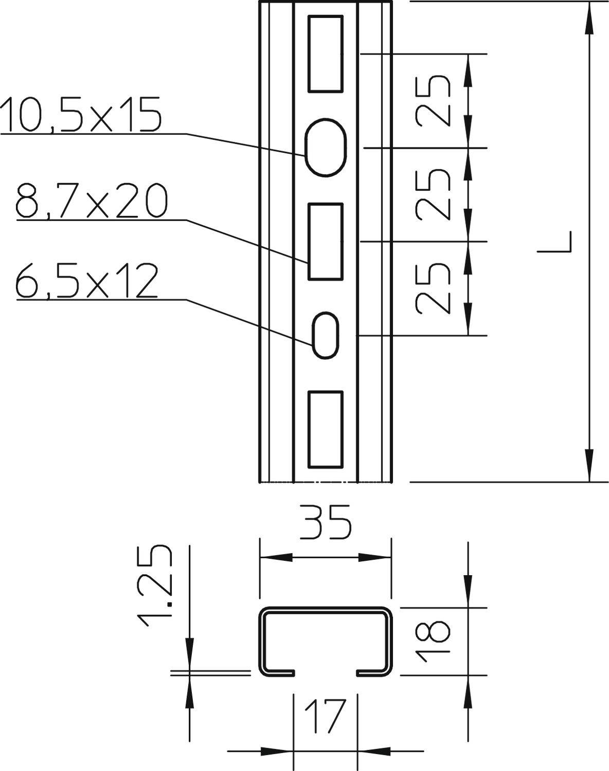 Technische Zeichnung eines U-Profils mit Abmessungen: Länge 'L', Höhe 18 mm, Breite 35 mm. Lochabmessungen: 10,5x15, 8,7x20, 6,5x12 mm.