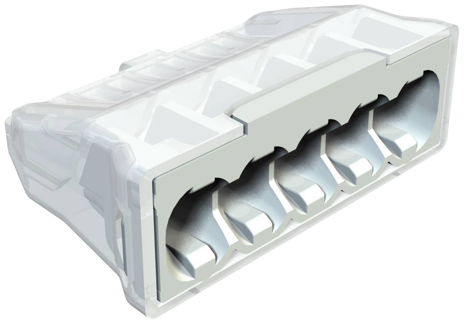 Ein transparenter Kunststoffstecker mit mehreren Hohlräumen für elektrische Verbindungen, perspektivisch von oben und seitlich dargestellt.