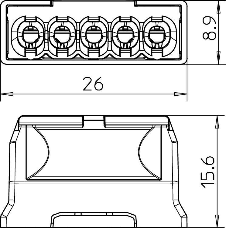 Technische Zeichnung eines rechteckigen Steckverbinders mit Abmessungen: Breite 26 mm, Höhe oben 8,9 mm, Höhe unten 15,6 mm.