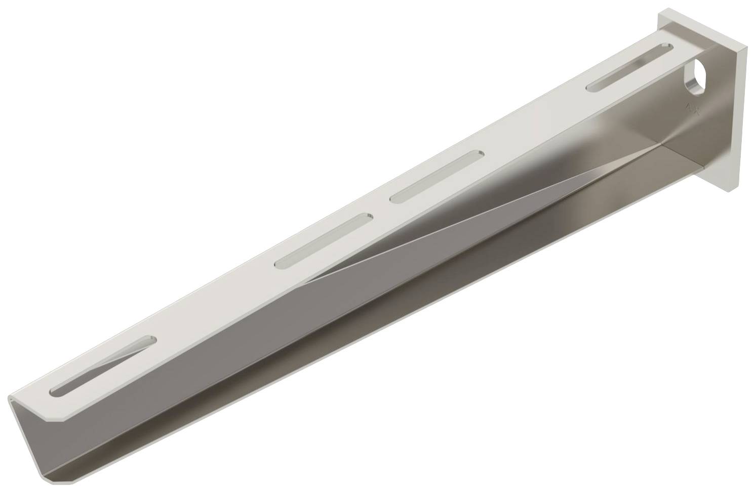 Metallwinkel aus verchromtem Stahl mit langem Arm und Löchern zur Befestigung. Geeignet für stabile Regal- oder Wandkonstruktionen.