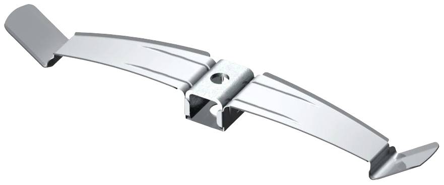 Metallklemme mit gebogenem Design und zentralem Loch, verwendet zur Befestigung oder Halterung.