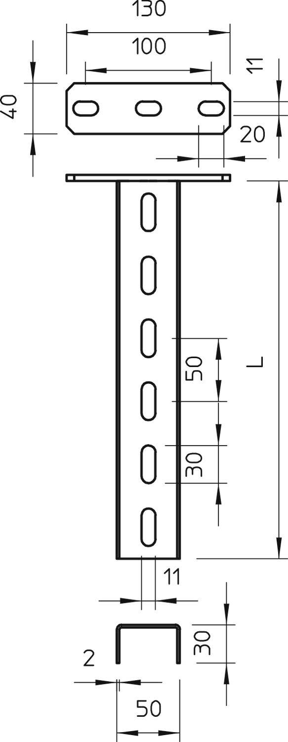 Technische Zeichnung einer Metallstütze mit Maßen in Millimetern. Länge 'L' variabel, andere Maße konstant, Aussparungen sichtbar.