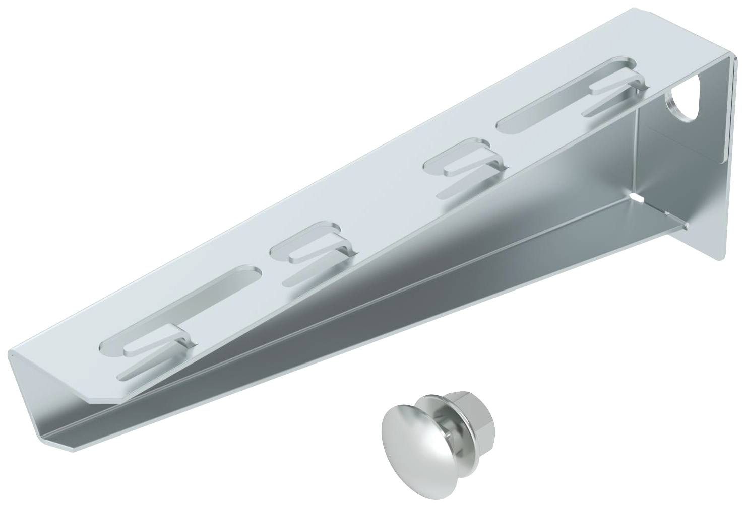 Ein Metallhalterungselement mit mehreren abgerundeten rechteckigen Aussparungen und einem separat abgebildeten Bolzen.