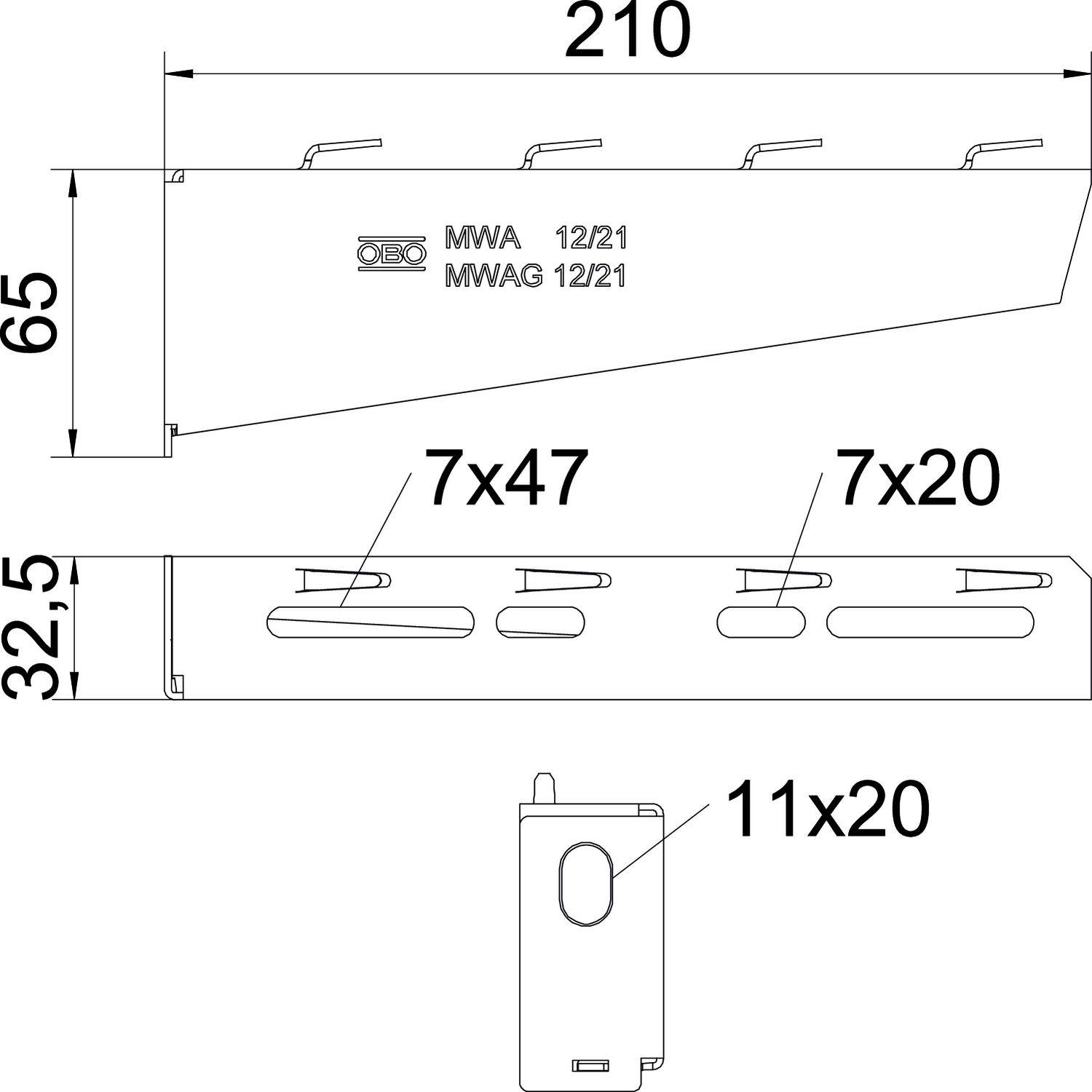Technische Zeichnung eines Bauteils mit Maßen: 210 x 65 mm. Seitliche Öffnungen: 7 Löcher à 47 mm, 7 à 20 mm, Ausschnitt 11 x 20 mm.