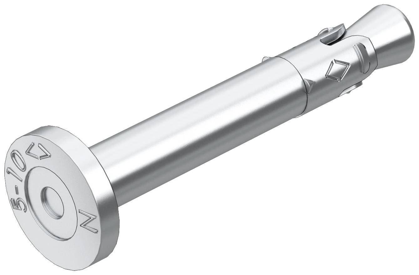 Ein metallischer Spreizdübel mit zylindrischem Körper und breitem Kopf, geeignet für feste Verankerungen in Beton oder Mauerwerk.