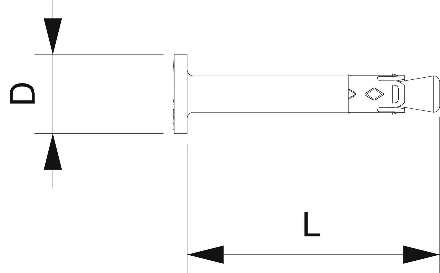Diagramm eines Flachkopfdübels in Seitenansicht. Markiert sind: Durchmesser 'D' und Länge 'L'.