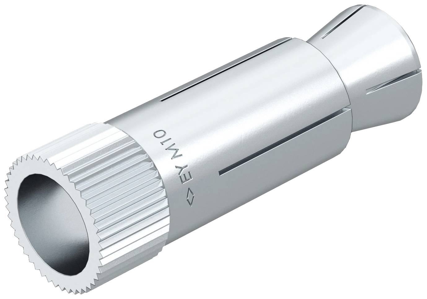Metallischer Einsatz für den Bau. Zylindrische Form mit gerilltem Ende und 'EV M10'-Aufdruck.
