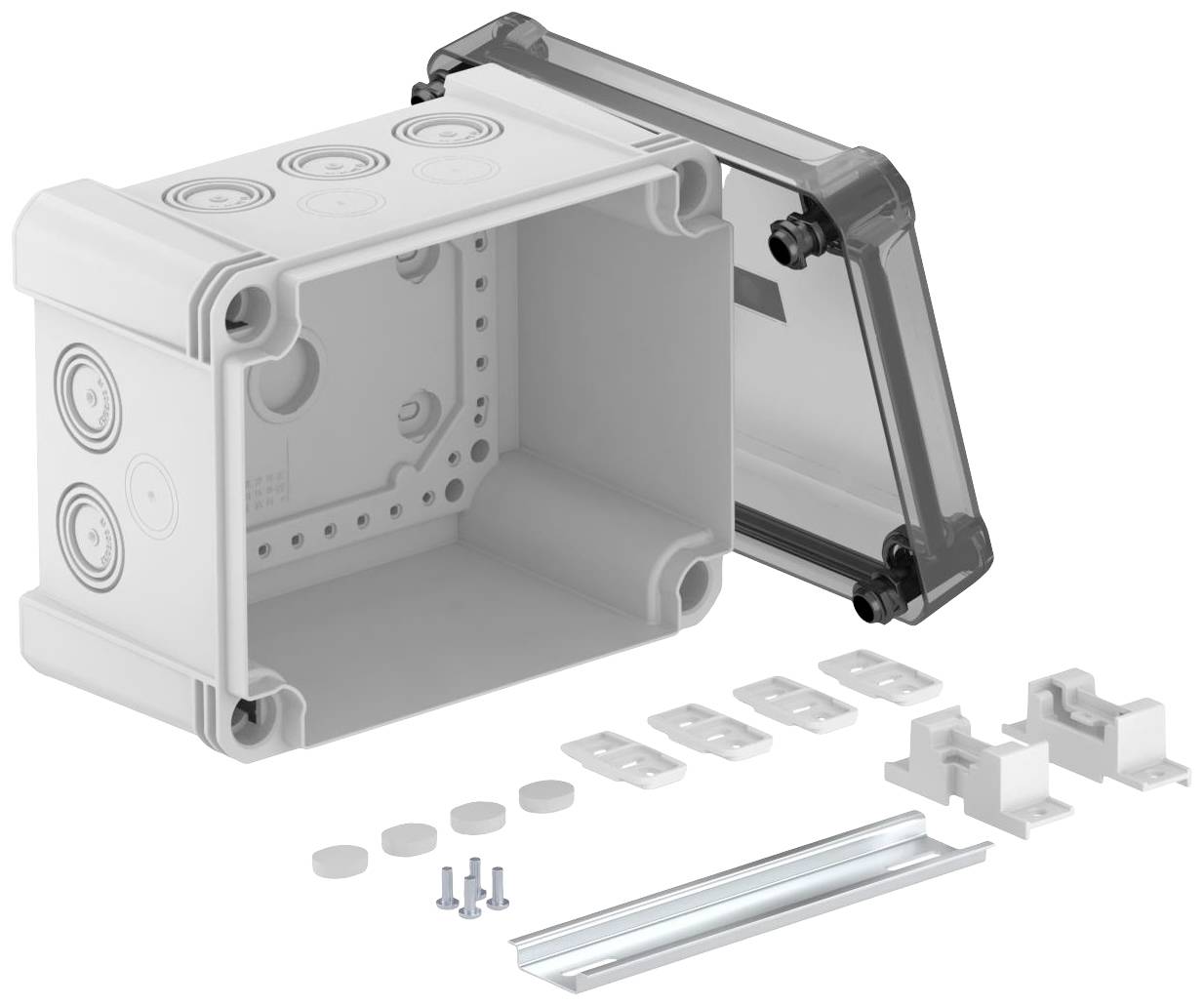 Kunststoff-Gehäuse mit abnehmbarem, transparentem Deckel. Enthält Schrauben, Abdeckungen und Montagetafel. Ideal für elektrische Installationen.