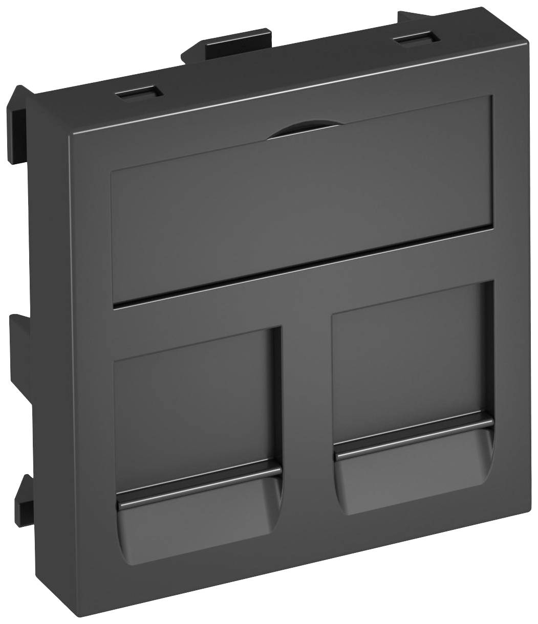 Ein rechteckiges schwarzes Kunststoffmodul mit zwei quadratischen Öffnungen unten, wahrscheinlich zur Aufnahme von Kabel- oder Netzanschlüssen.
