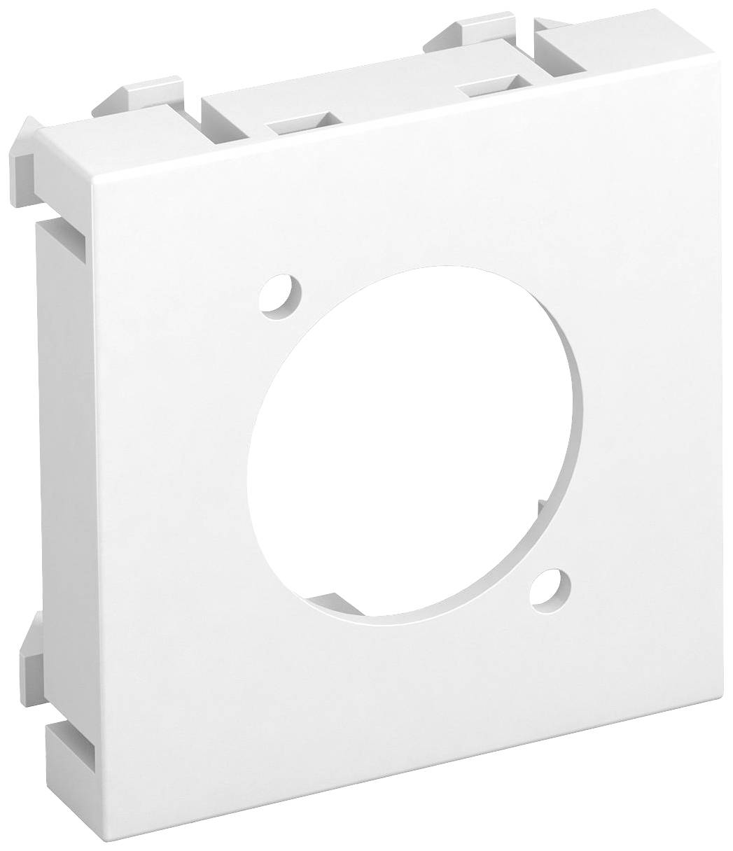 Eine weiße quadratische Abdeckplatte mit zentraler runder Öffnung und zwei kleinen Löchern, geeignet für elektrische Schaltungen.