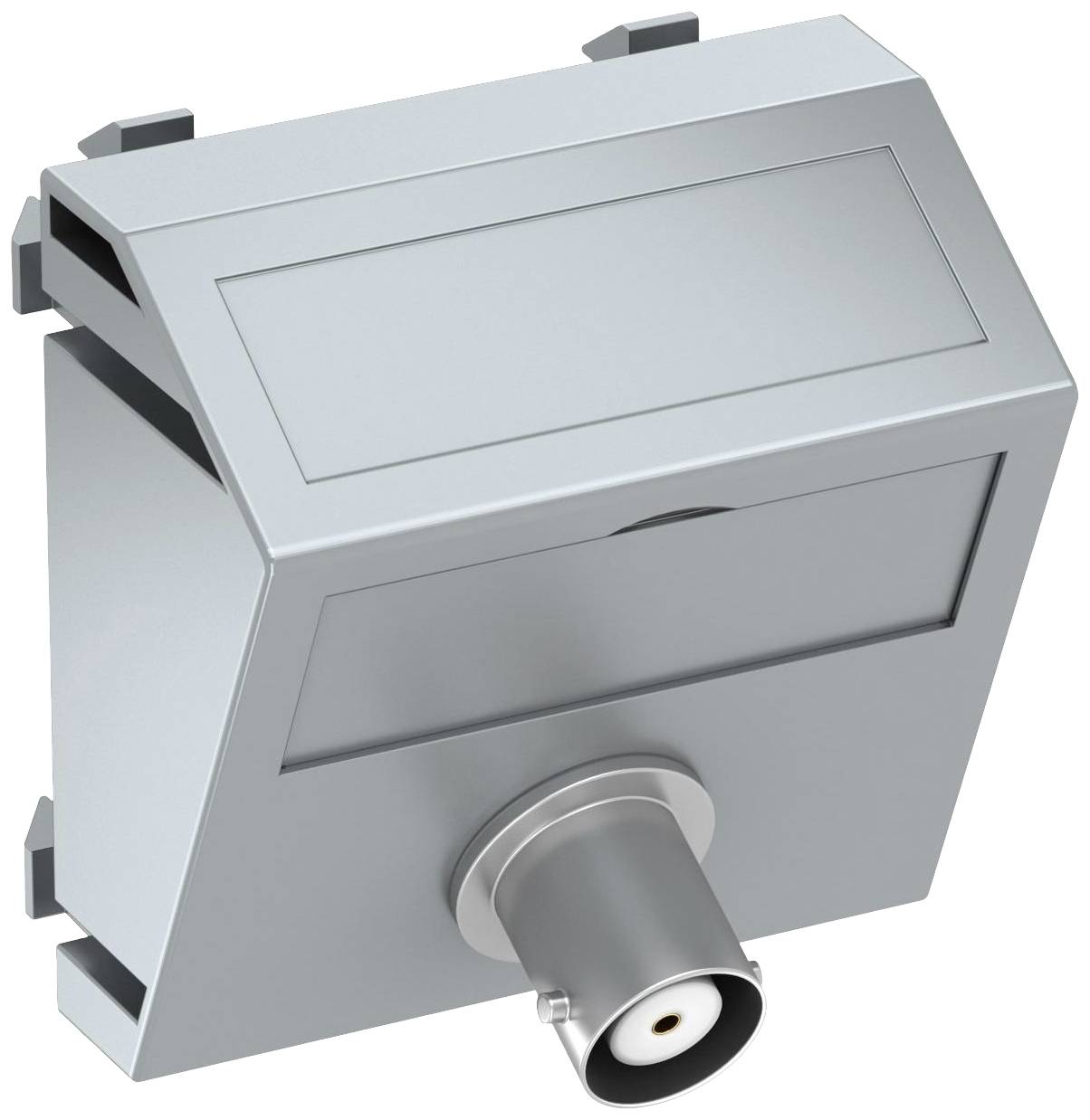 Ein silberner Elektronikstecker aus Metall, entworfen für Koaxialkabelverbindungen; zeigt die Vorderseite mit Anschlusspunkt.