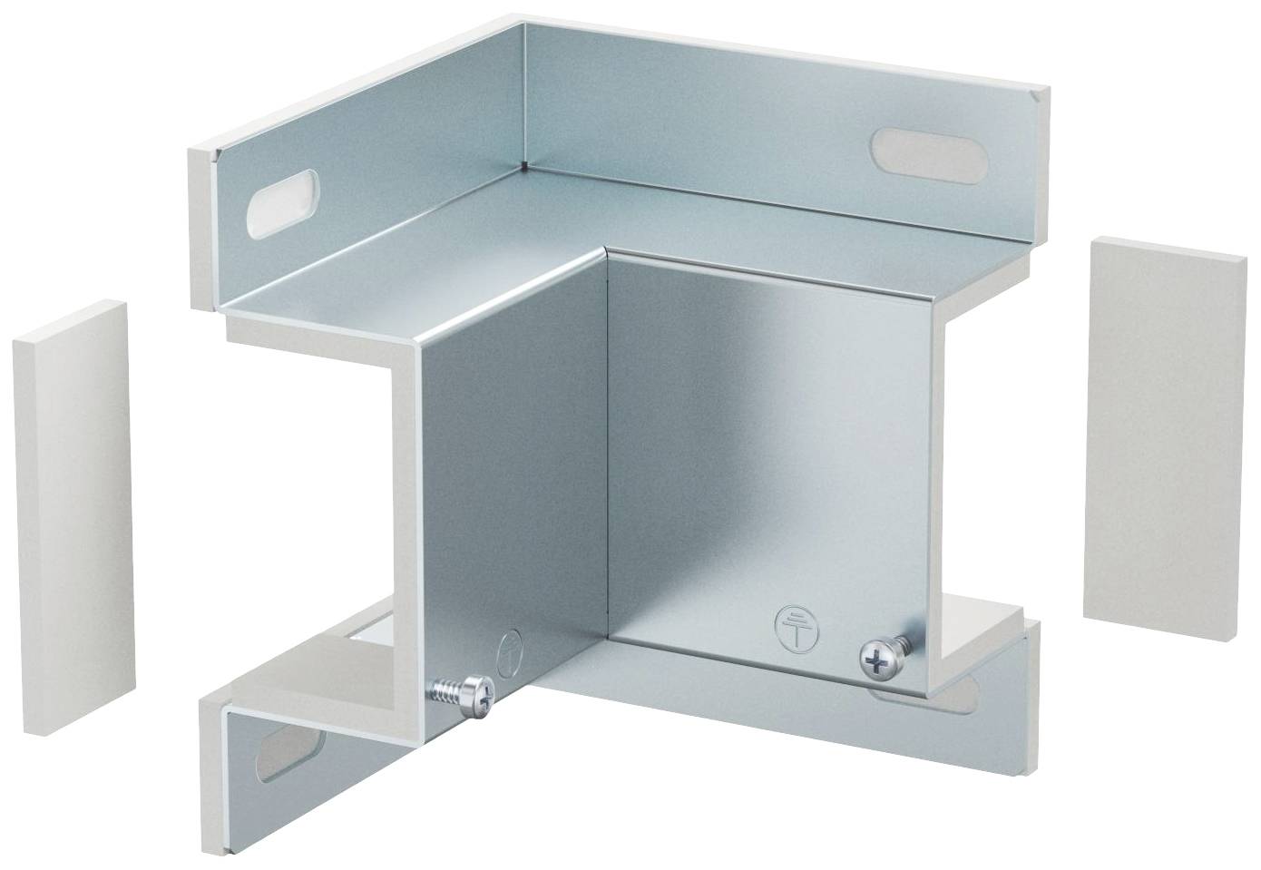 Metallecke für Baukonstruktionen mit Befestigungsschrauben, zeigt maßgeschneiderte Winkelteile zur Unterstützung von Strukturen.