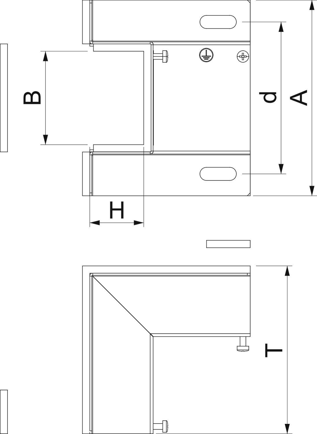 Technische Zeichnung eines Winkelprofils mit Maßen: Höhe (H), Breite (B), Tiefe (T) und Abständen (A, d). Draufsicht und Seitenansicht.
