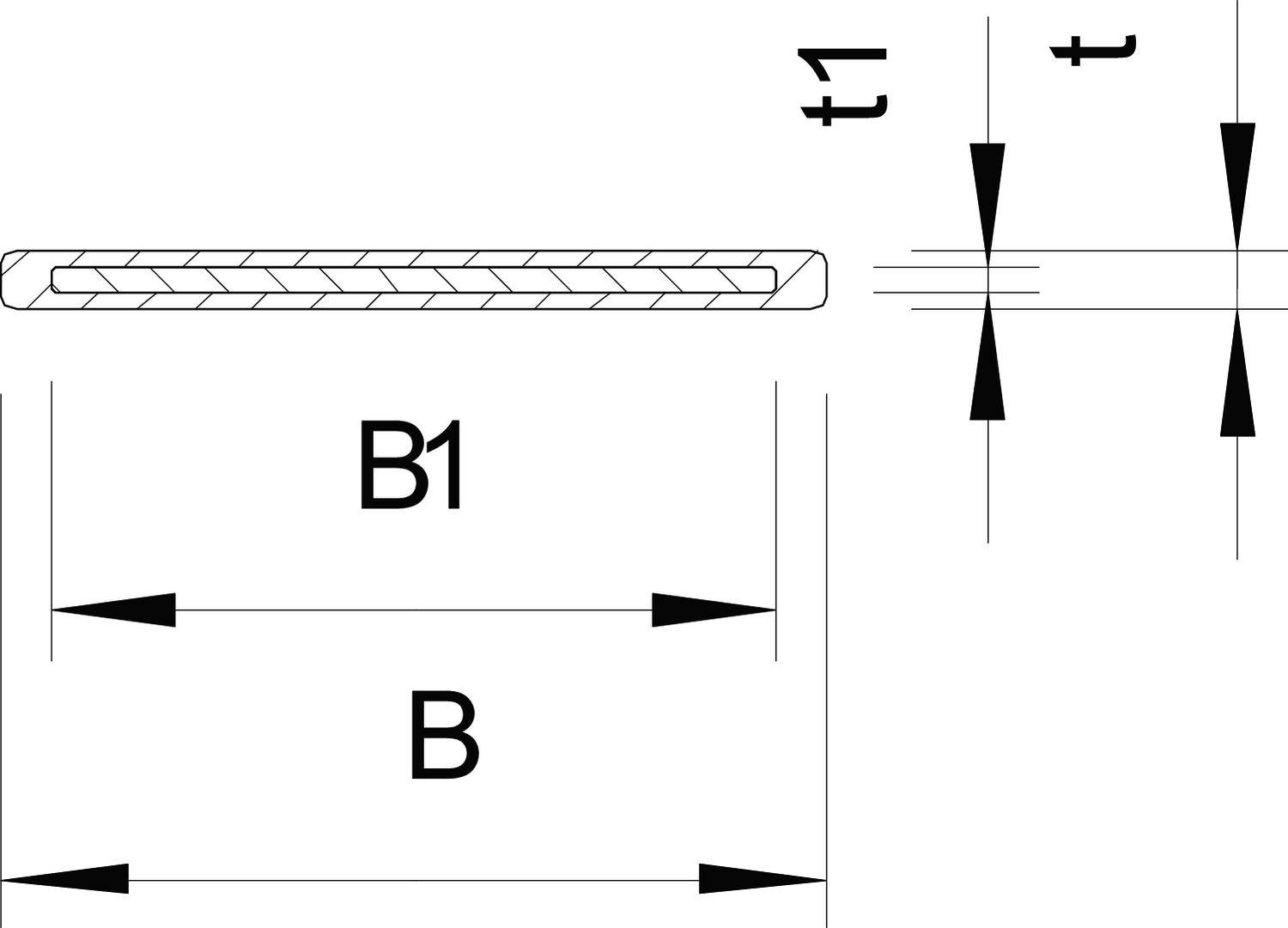 Diagramm der Blechstärke: B steht für Breite, B1 für Gesamtbreite, t für Wandrahmenstärke, t1 für Blechstärke.