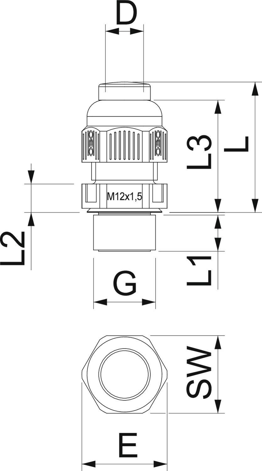 Technische Zeichnung eines Steckverbinders mit M12-Gewinde. Maße sind mit Buchstaben D, L3, L2, G, Li, L1 und SW angegeben. Draufsicht und Seitenansicht.