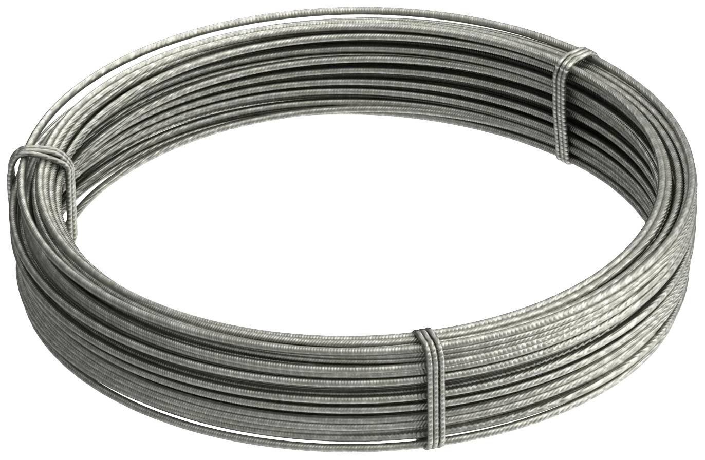 Eine Rolle aus silbernem Metall-Draht, sauber gewickelt und mit Bändern fixiert.