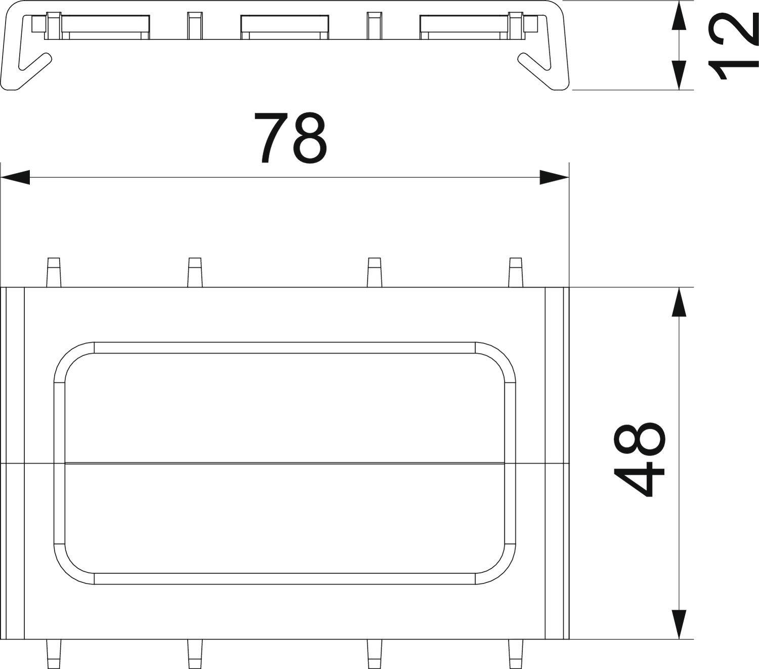 Technische Zeichnung einer rechteckigen Komponente mit den Maßen 78 mm x 48 mm x 12 mm, zeigt Befestigungspunkte.