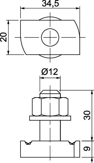Technische Zeichnung eines mechanischen Bauteils mit Maßangaben: Ø12, Gesamtbreite 34,5, Höhe 30. Enthält kreisförmige und rechteckige Elemente.