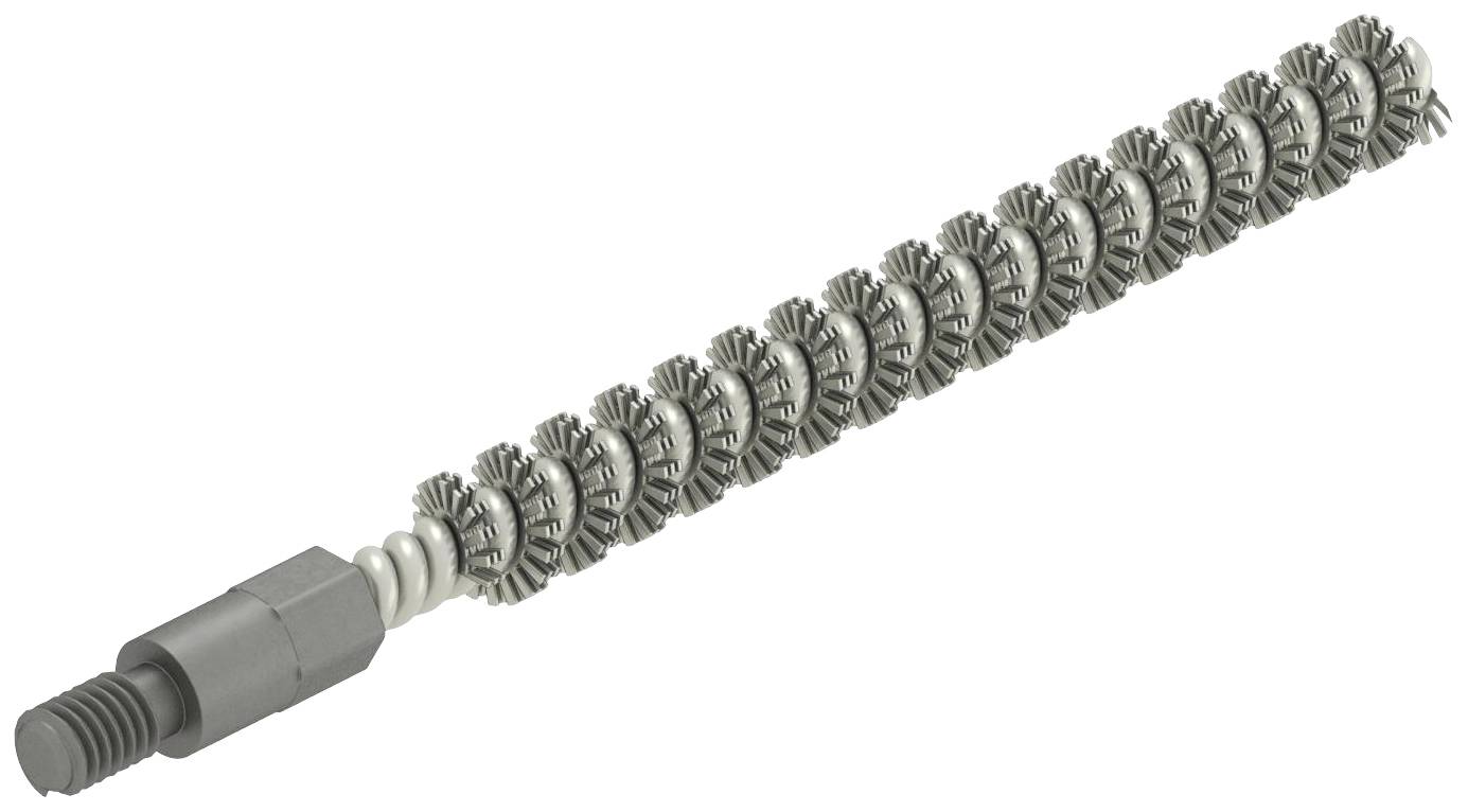 Bohrkopf mit spiraliger Borstenanordnung, geeignet zum Reinigen von Rohrleitungen oder Innenflächen, Montage an Bohrmaschine möglich.