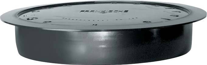 Schwarzer runder Gegenstand mit vertiefter Oberfläche und Markenname 'Fränkische'. Könnte ein Deckel oder Abdeckung sein.