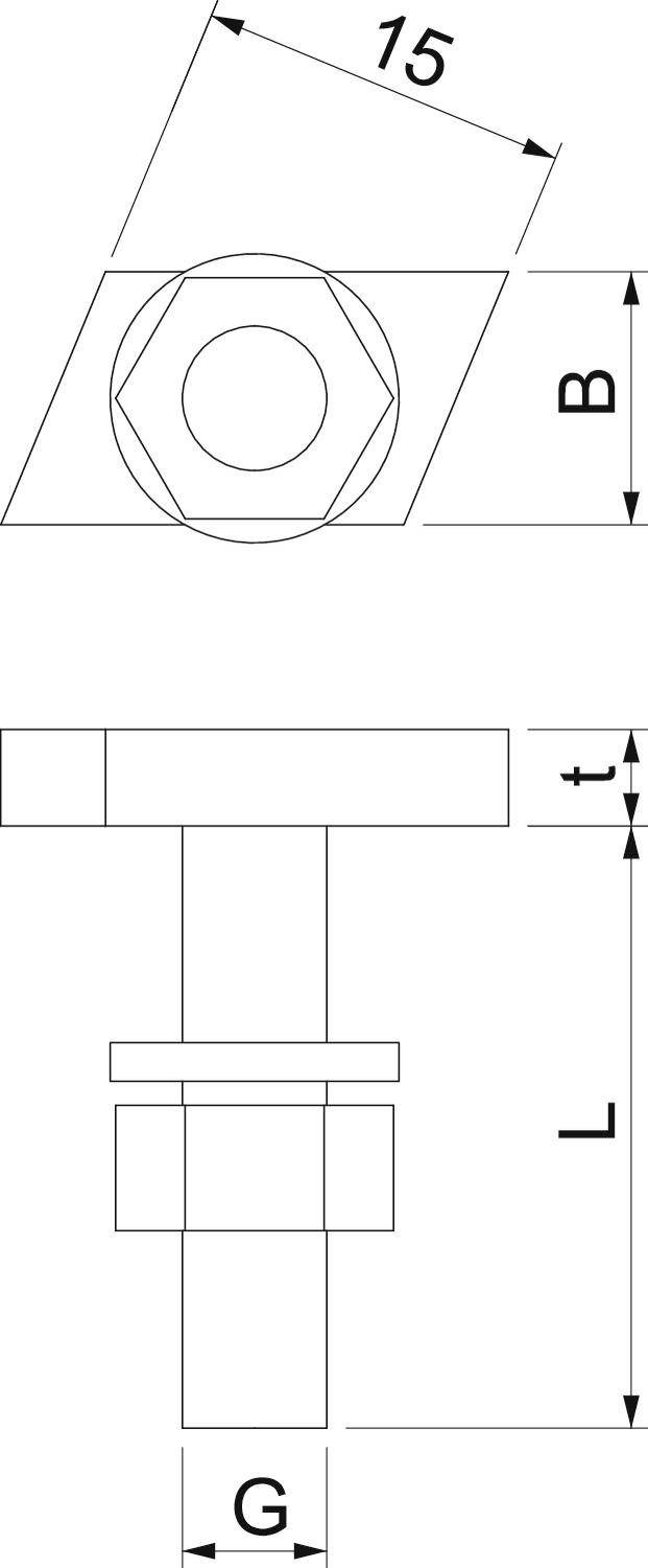 Technische Zeichnung einer Schraube mit Maßen: 15 mm Hexagon oben, seitliche Ansicht mit Längen B, L und t, und Breite G.
